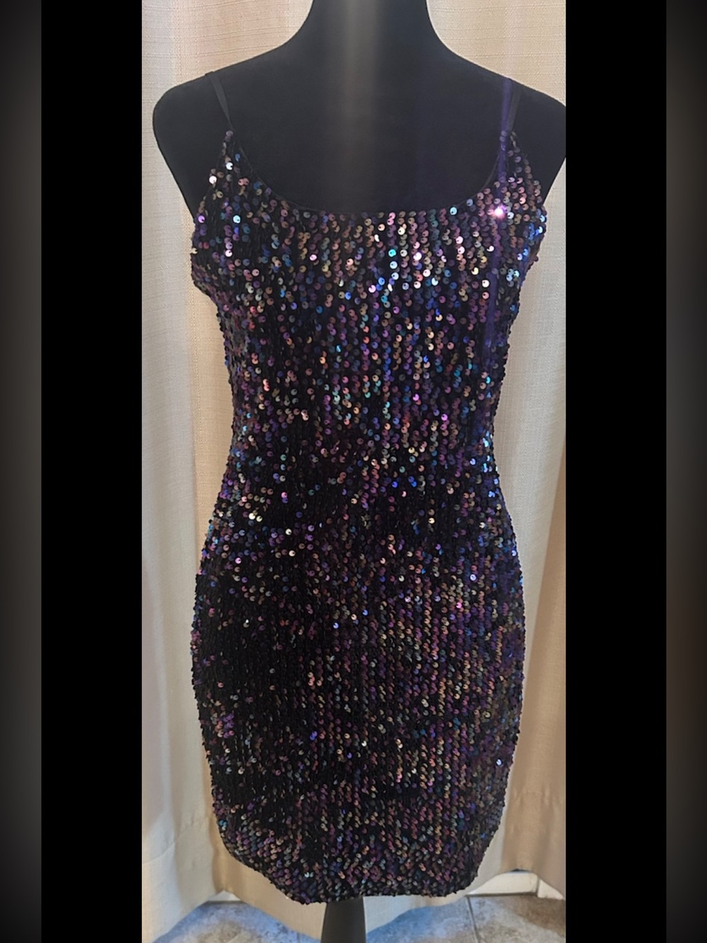 Chocolate Juniors L Black Multicolor Sequin Cowl Neck Spaghetti Strap Mini